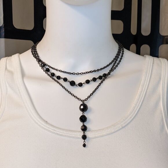 Unique multi layer black faceted shiny bead choker chain drop necklace - Picture 1 of 3